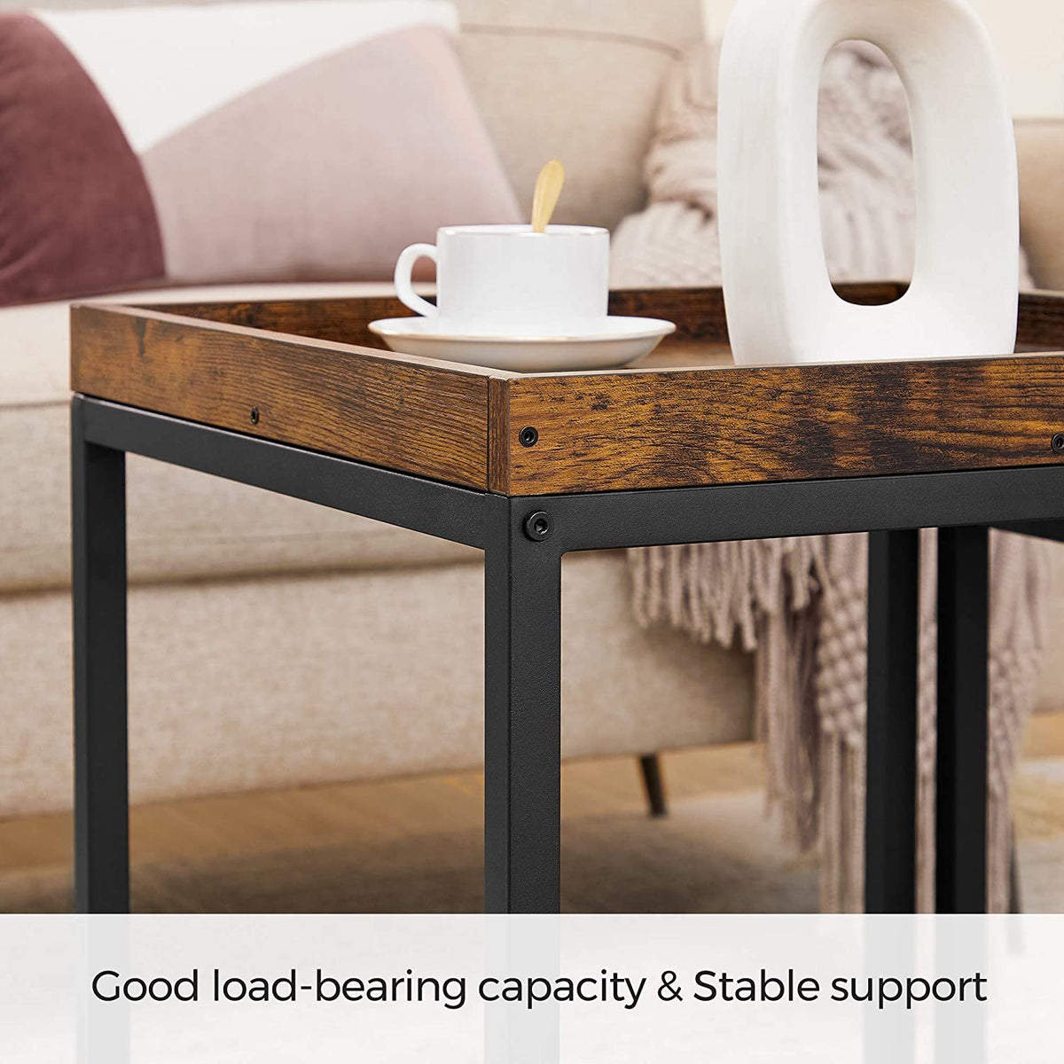 Nest Of Tables: 2 Side Tables, End Tables with Raised Edges, Coffee Tables for Living Room, Industrial Rustic Brown and Black