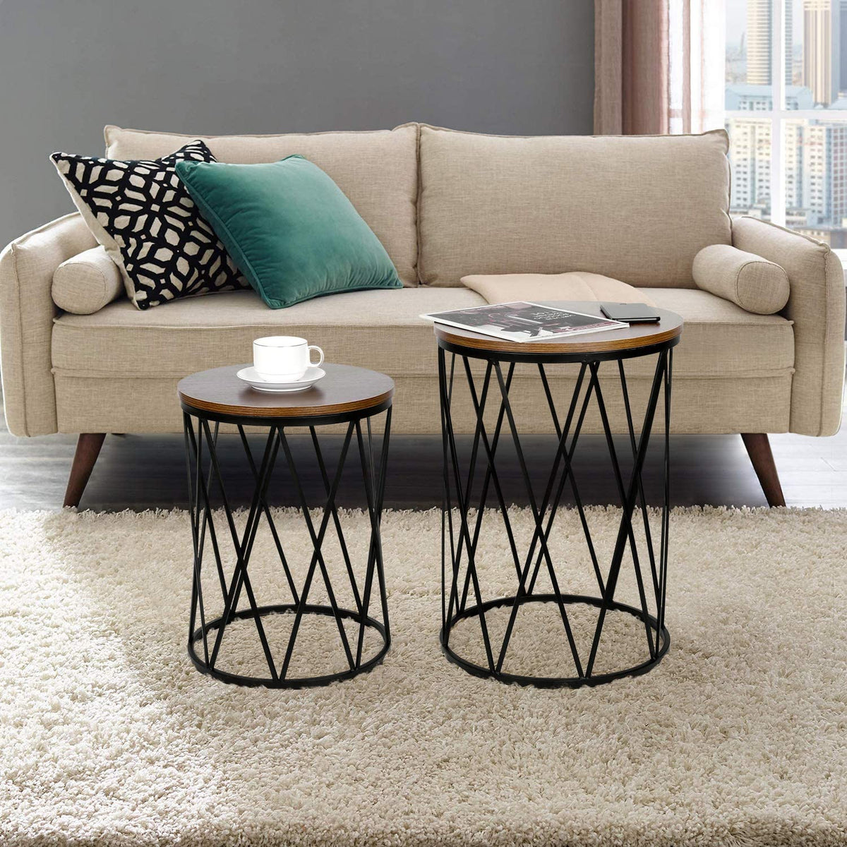 Nest Of Tables: Set of 2 Industrial Nesting Coffee Tables with Wood and Metal Frame, Modern Nightstand for Living Room Office, Easy to Storage
