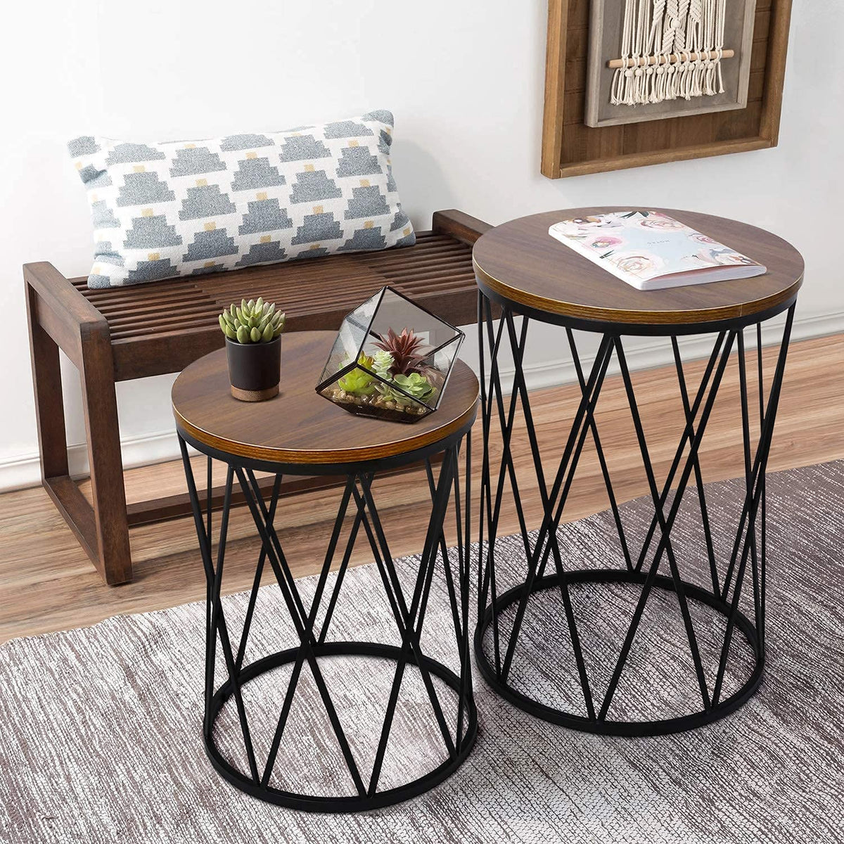 Nest Of Tables: Set of 2 Industrial Nesting Coffee Tables with Wood and Metal Frame, Modern Nightstand for Living Room Office, Easy to Storage